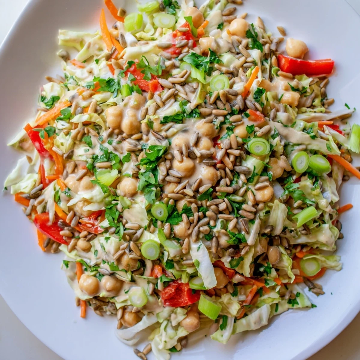 Mediterranean-inspired Fiber-Forward Chickpea Salad, a refreshing vegan dish with crunchy cabbage and carrots.