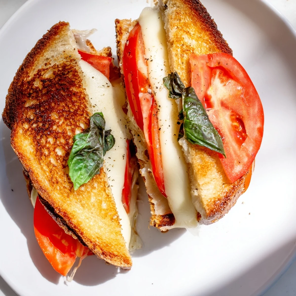 Golden-brown tomato basil grilled cheese, oozing mozzarella and served with fresh basil garnish.