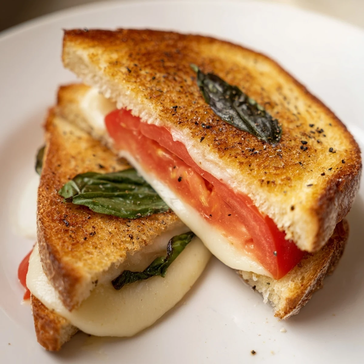 Warm, toasted tomato basil grilled cheese with melted cheese and juicy tomato slices ready to eat.
