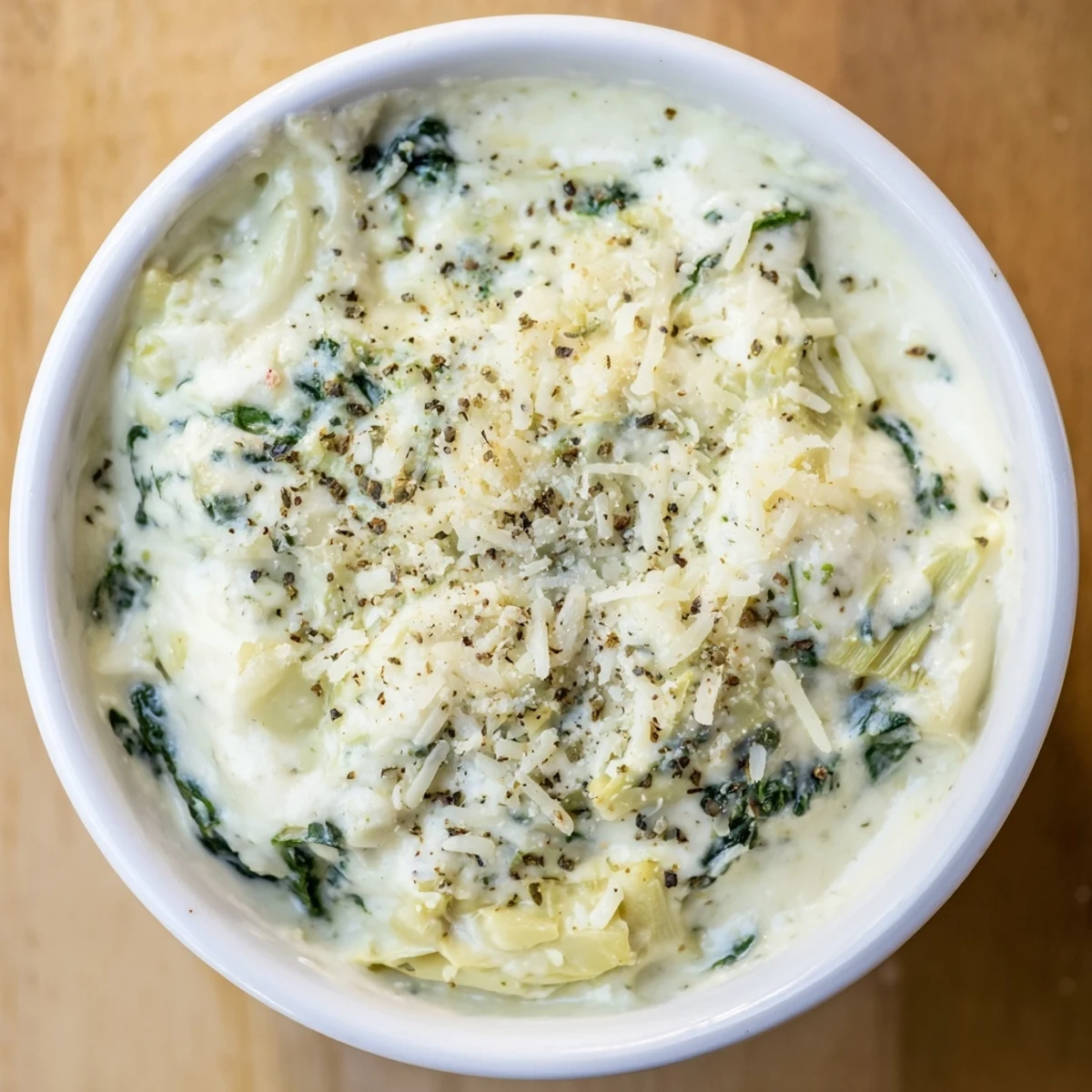 Warm and creamy Spinach Artichoke Dip, fresh from the oven, with melting cheese and bits of artichoke.
