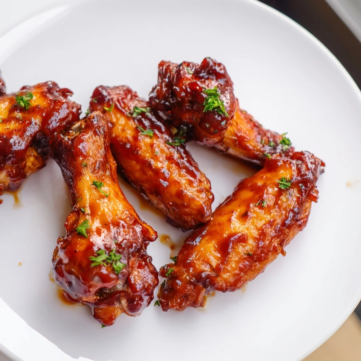 Close-up of golden-brown Baked Sticky Honey BBQ Wings, showing off their caramelized honey BBQ glaze and juicy texture.