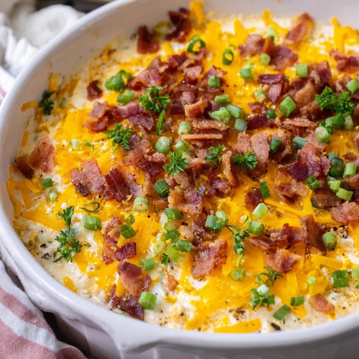 Golden, bubbly Cheesy Bacon Ranch Dip, a savory appetizer perfect for dipping and sharing.