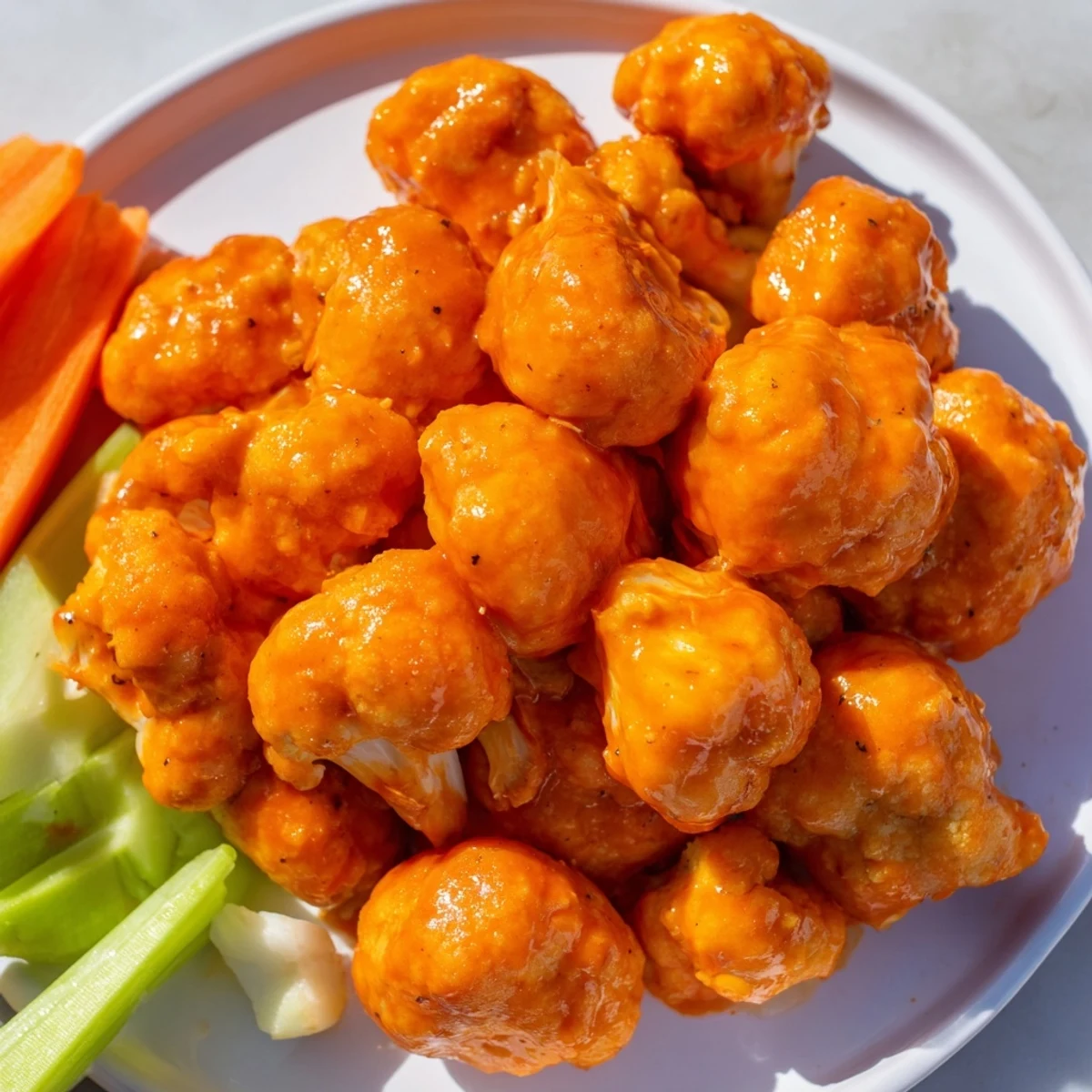 Golden, crispy Buffalo Cauliflower Bites, coated in spicy sauce, shown with fresh carrot sticks.