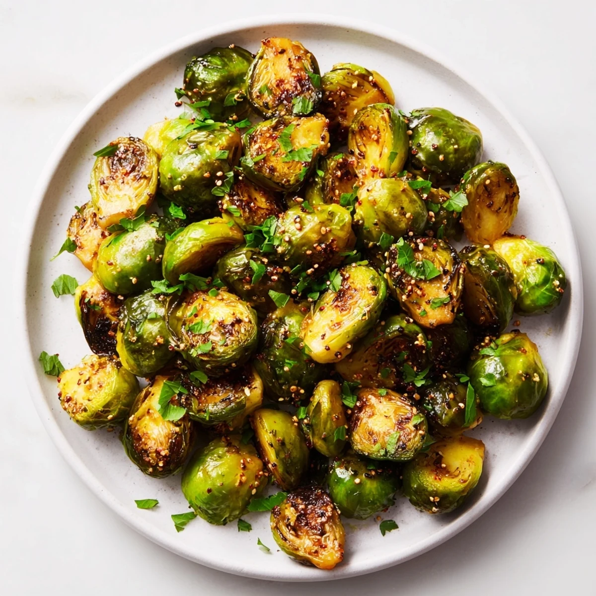 Close-up of crispy, roasted Honey Mustard Glazed Brussels Sprouts with an inviting honey-mustard coating.
