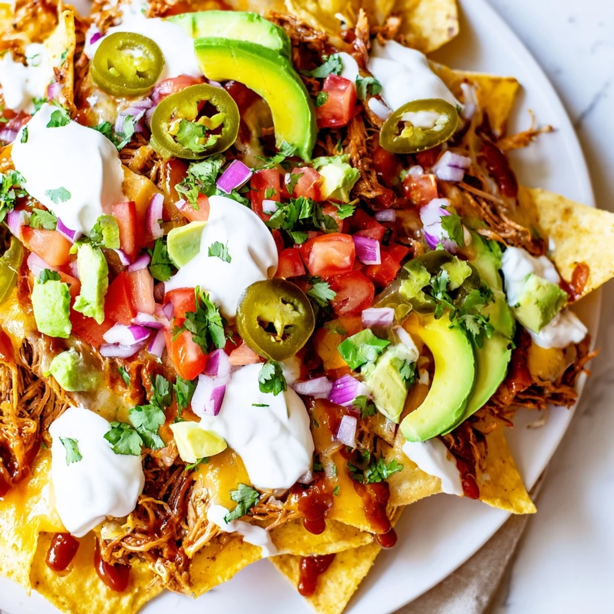 Golden, baked loaded nachos with pulled pork, a perfect party snack with creamy queso and fresh cilantro.