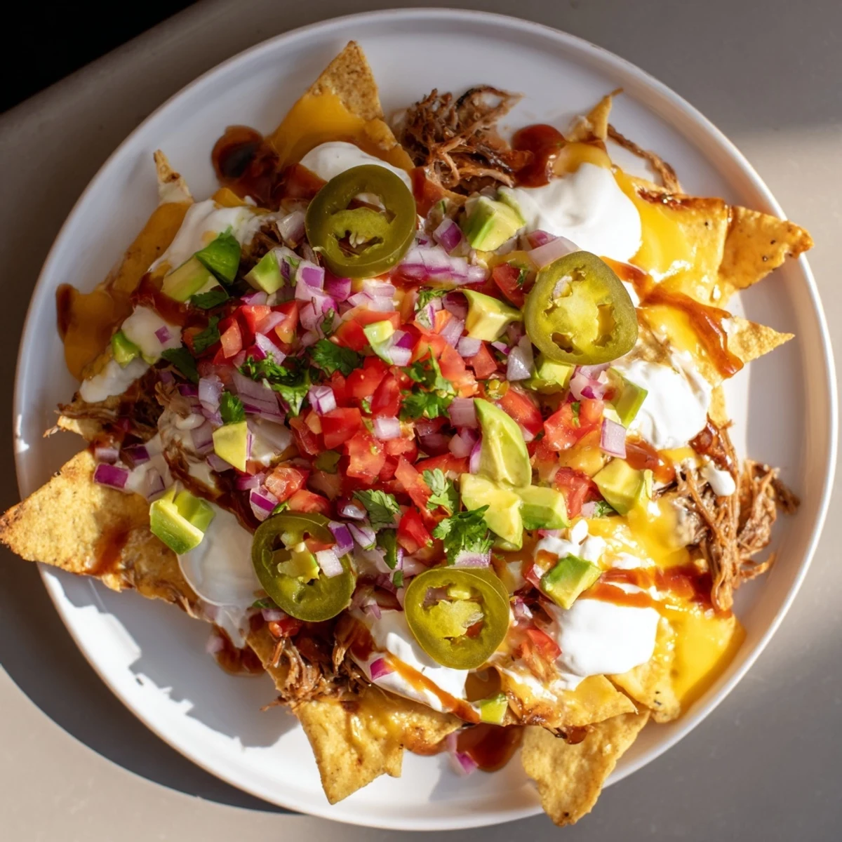 These loaded nachos with pulled pork feature warm, savory pulled pork nestled within cheesy, crispy chips.