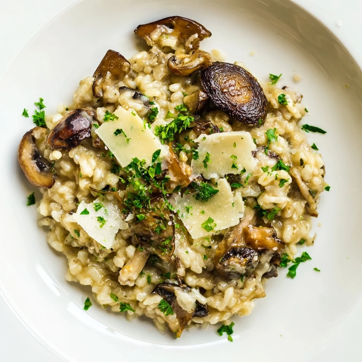 Close-up shot shows creamy Italian Mushroom Risotto with perfectly cooked, flavorful mushrooms.