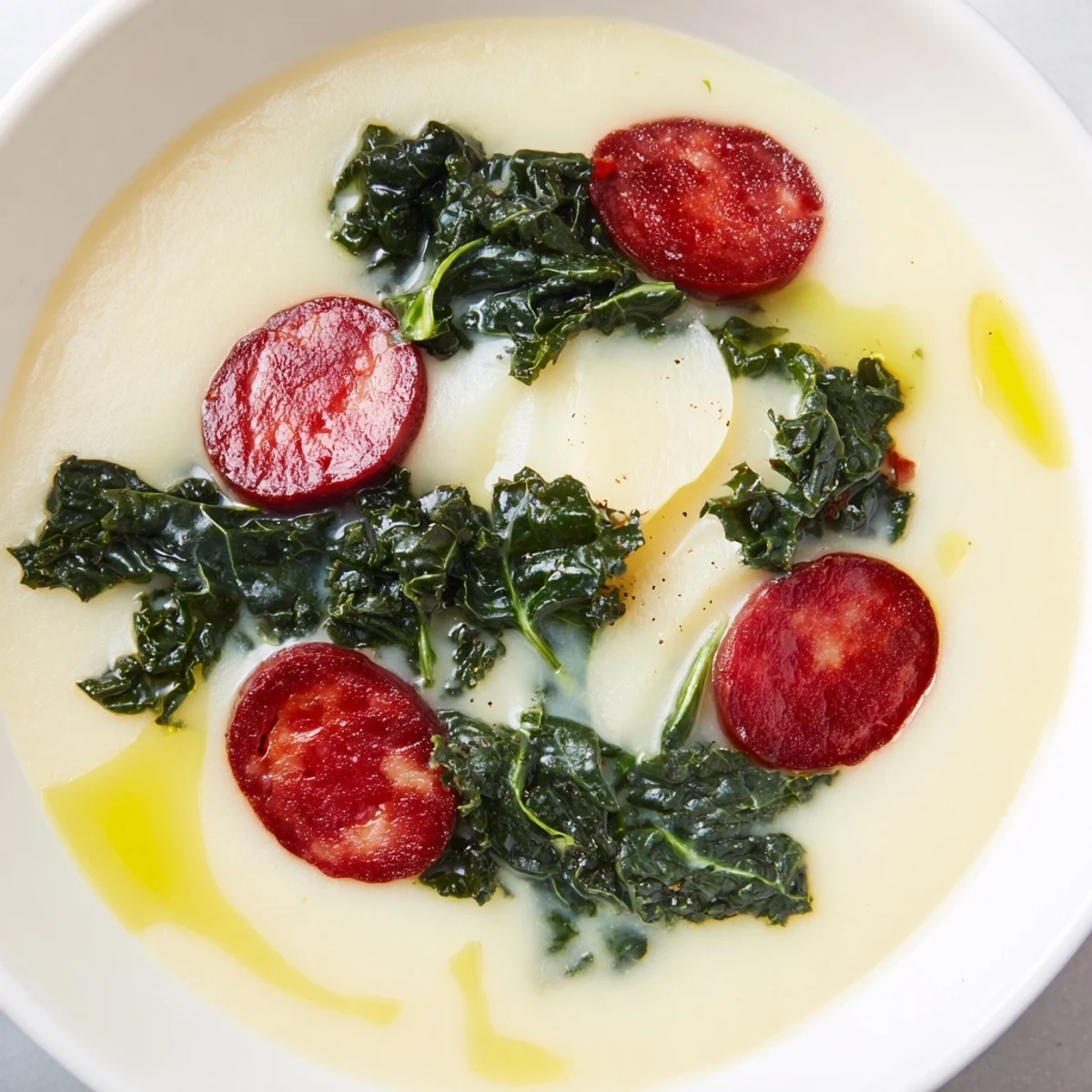 A close-up of creamy Portuguese Caldo Verde, ready to serve with flavorful chorizo and crusty bread.