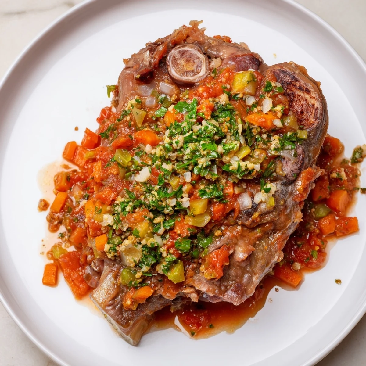 Tender Osso Buco served with creamy polenta, the veal shanks glistening in a rich tomato sauce.