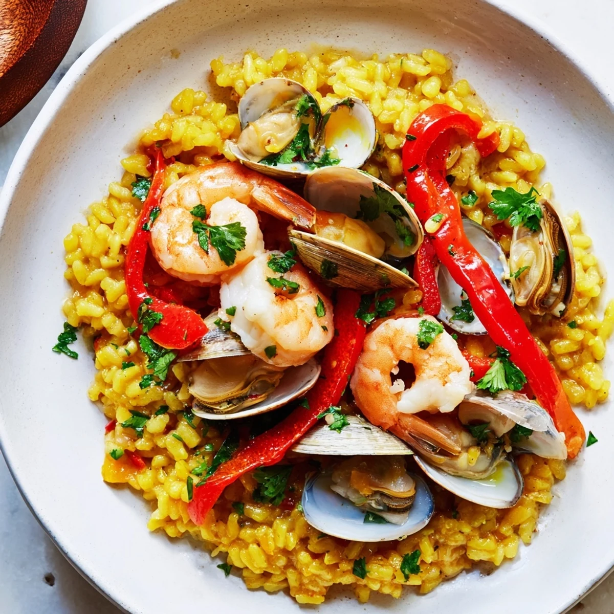 Steaming Spanish Seafood Paella with colorful bell peppers and plump shrimp, ready to eat.