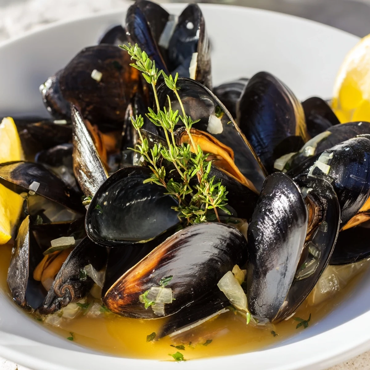 Steaming pot of Belgian Moules Marinière with aromatic broth, herbs, and tender, open mussels.