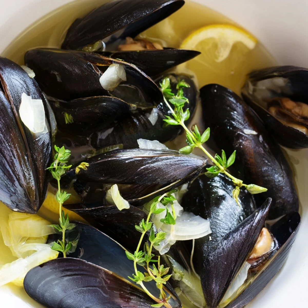 A steaming bowl filled with flavorful Belgian Moules Marinière, perfect for a seafood dinner.