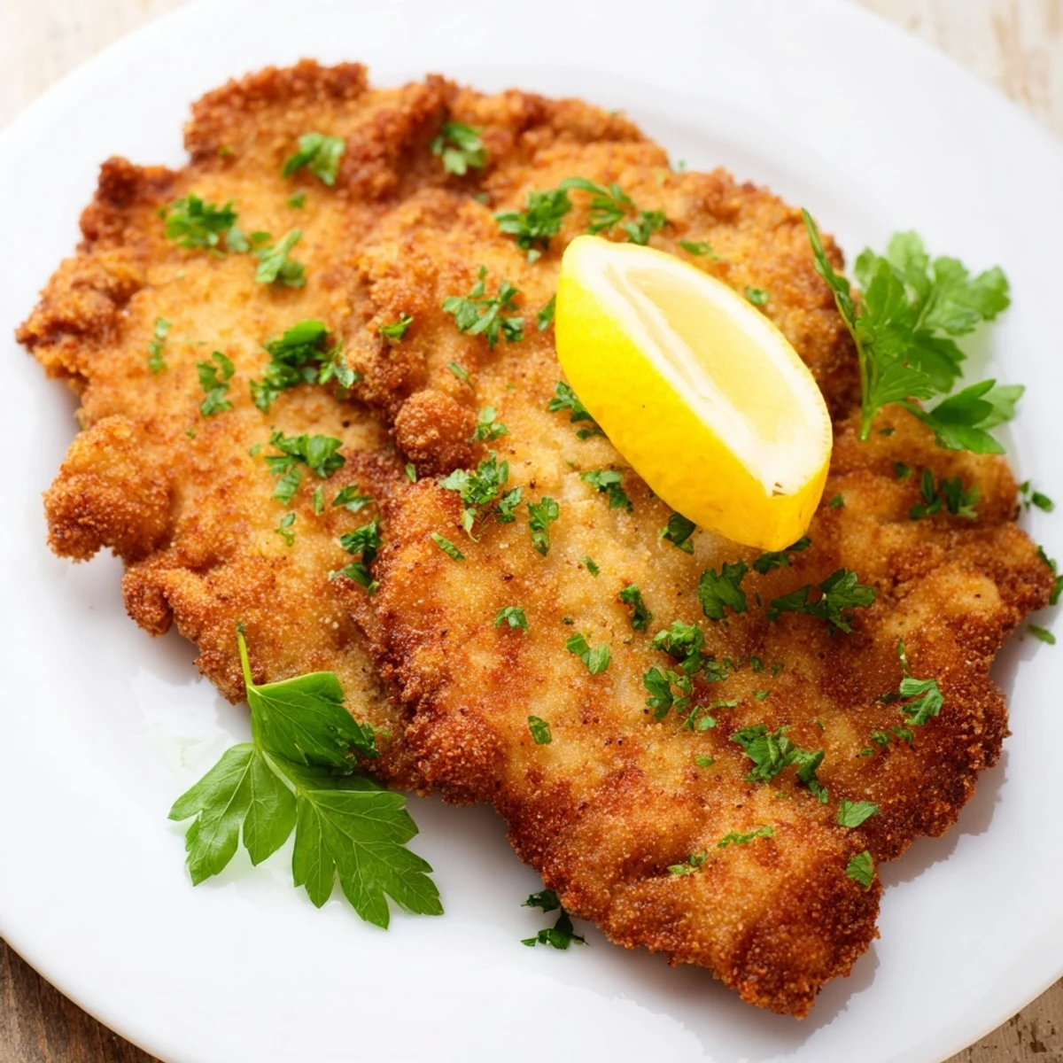 Golden-brown Austrian Wiener Schnitzel, crispy breaded veal, ready to be served with lemon wedges.