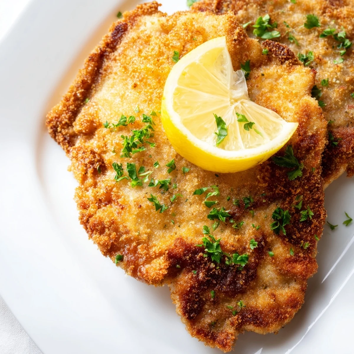 A perfectly fried Wiener Schnitzel showcasing thin, juicy veal cutlets with a crunchy breadcrumb coating.