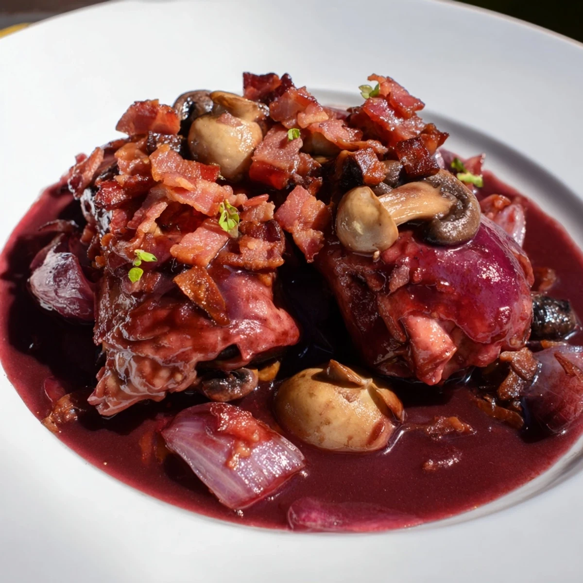 Tender Coq au Vin, boasting rich red wine sauce, plump mushrooms, and savory bacon crumbles for serving.
