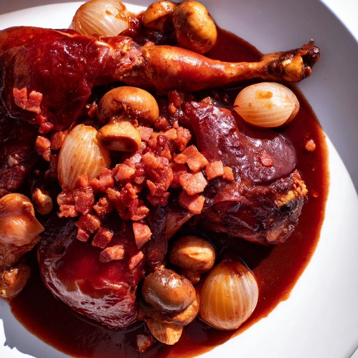 This photo features a comforting, hearty Coq au Vin stew, perfect with crusty bread for a delicious meal.