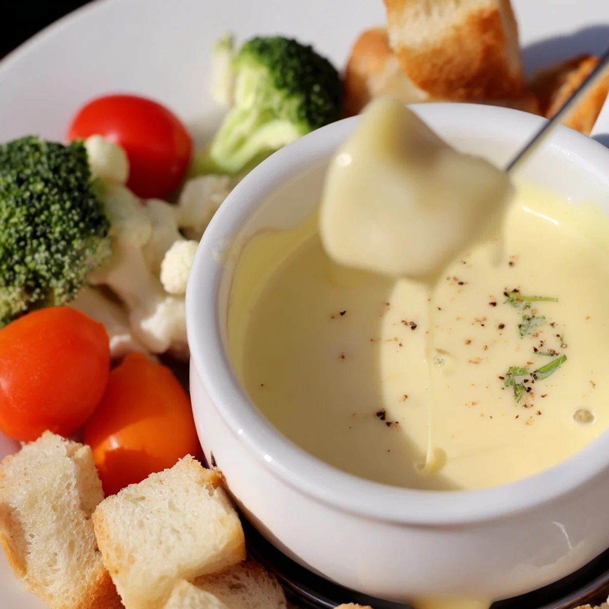 Swiss Cheese Fondue bubbling warmly, a delicious communal dish for dipping rustic bread.
