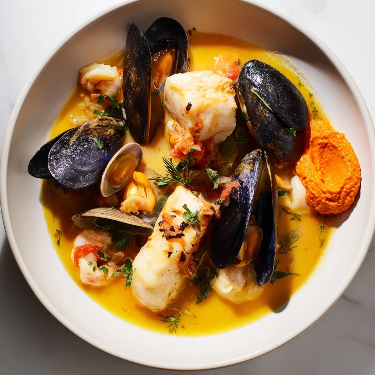 Bouillabaisse, a steaming bowl of fragrant seafood stew with saffron-infused broth, ready to eat.