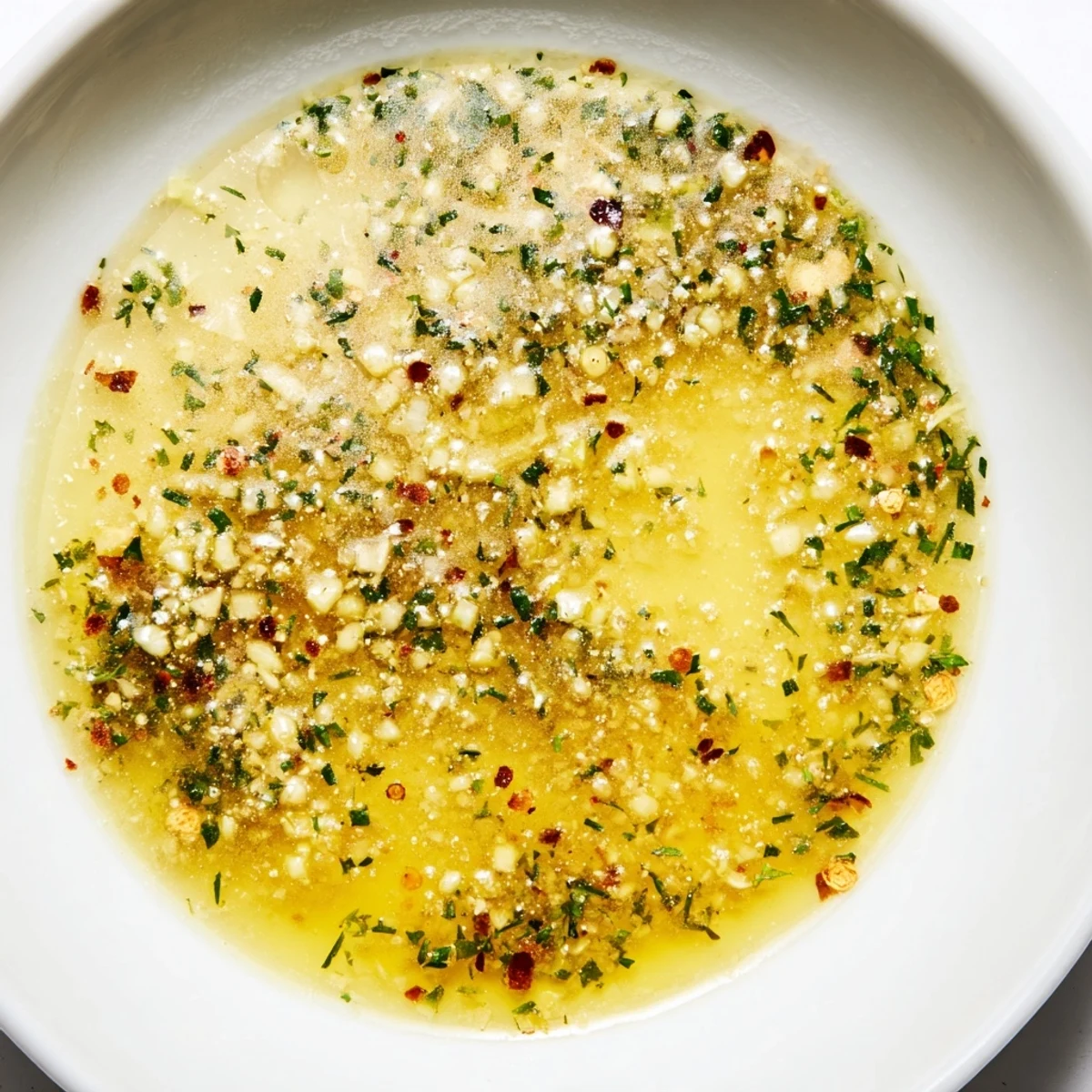 A bowl of golden Cowboy Butter Sauce garnished with parsley, ready for dipping crusty bread.  
