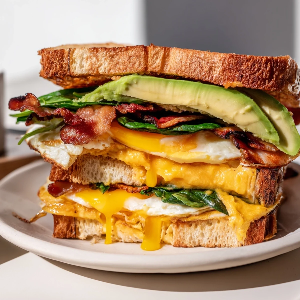 A close-up of a Loaded Breakfast Sandwich stacked high with crispy bacon, melted cheddar, ripe avocado slices, and a sunny-side-up egg on golden toast.  