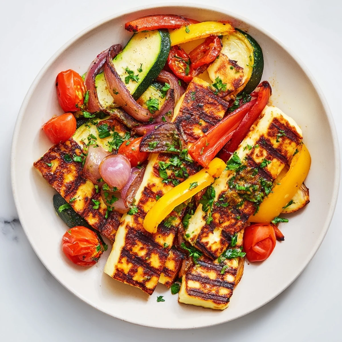 Slices of golden, grill-marked halloumi cheese steak topped with charred bell peppers and zucchini on a platter, garnished with fresh parsley and lemon wedges.  