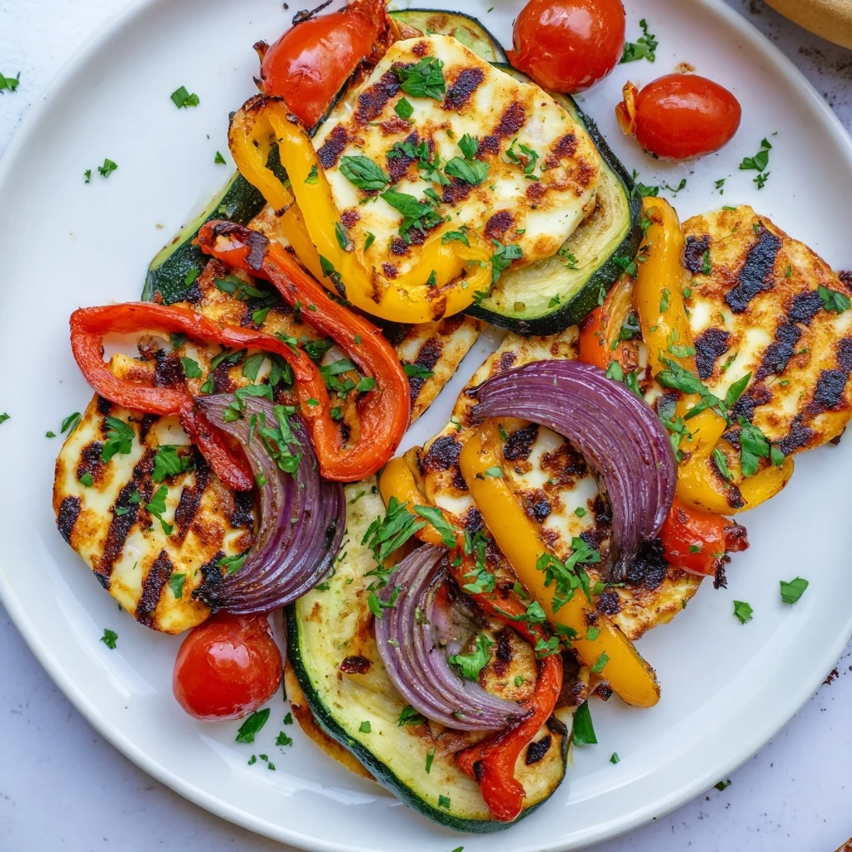 Mediterranean-style grilled halloumi cheese steak served hot, featuring juicy vegetables and a sprinkle of fresh parsley for a bright, savory vegetarian main course.