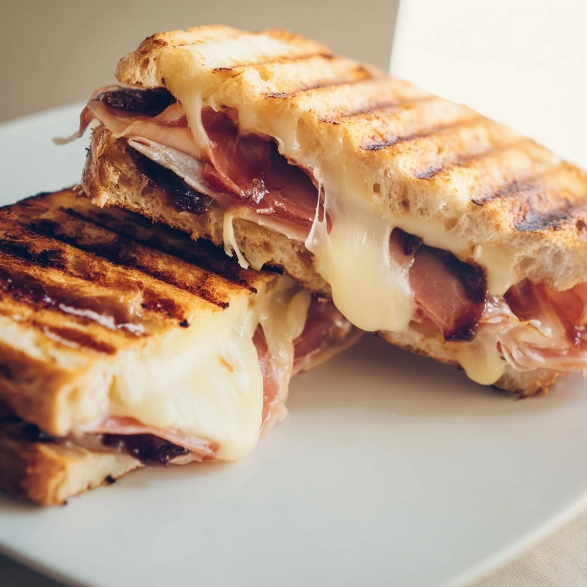 The pressed Crispy Prosciutto & Fig Panini sits on a rustic wooden board, ready to be enjoyed warm with its crisp crust.