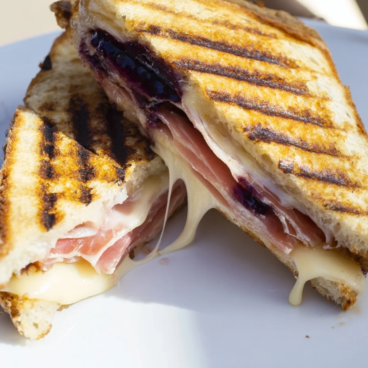 Fresh figs and arugula garnish the plate beside a warm Crispy Prosciutto & Fig Panini, highlighting the sweet and salty contrast.