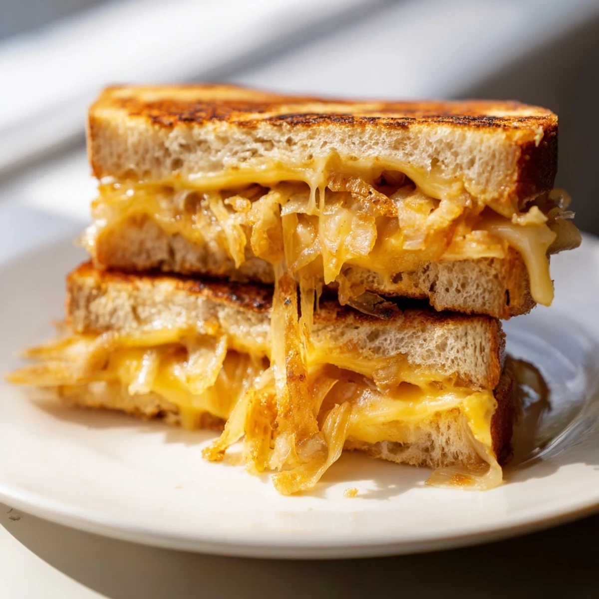 Perfectly golden, crispy fried onions are stacked between melted cheddar and mozzarella on buttery sourdough in this Crispy Onion Grilled Cheese.