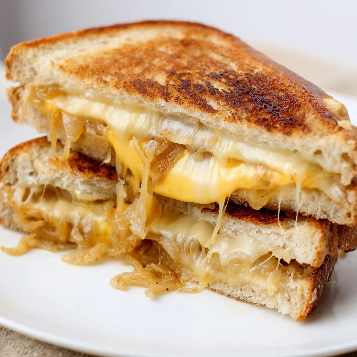 A close-up view shows a sandwich cut in half, revealing gooey cheese pulling apart and crunchy onion textures.