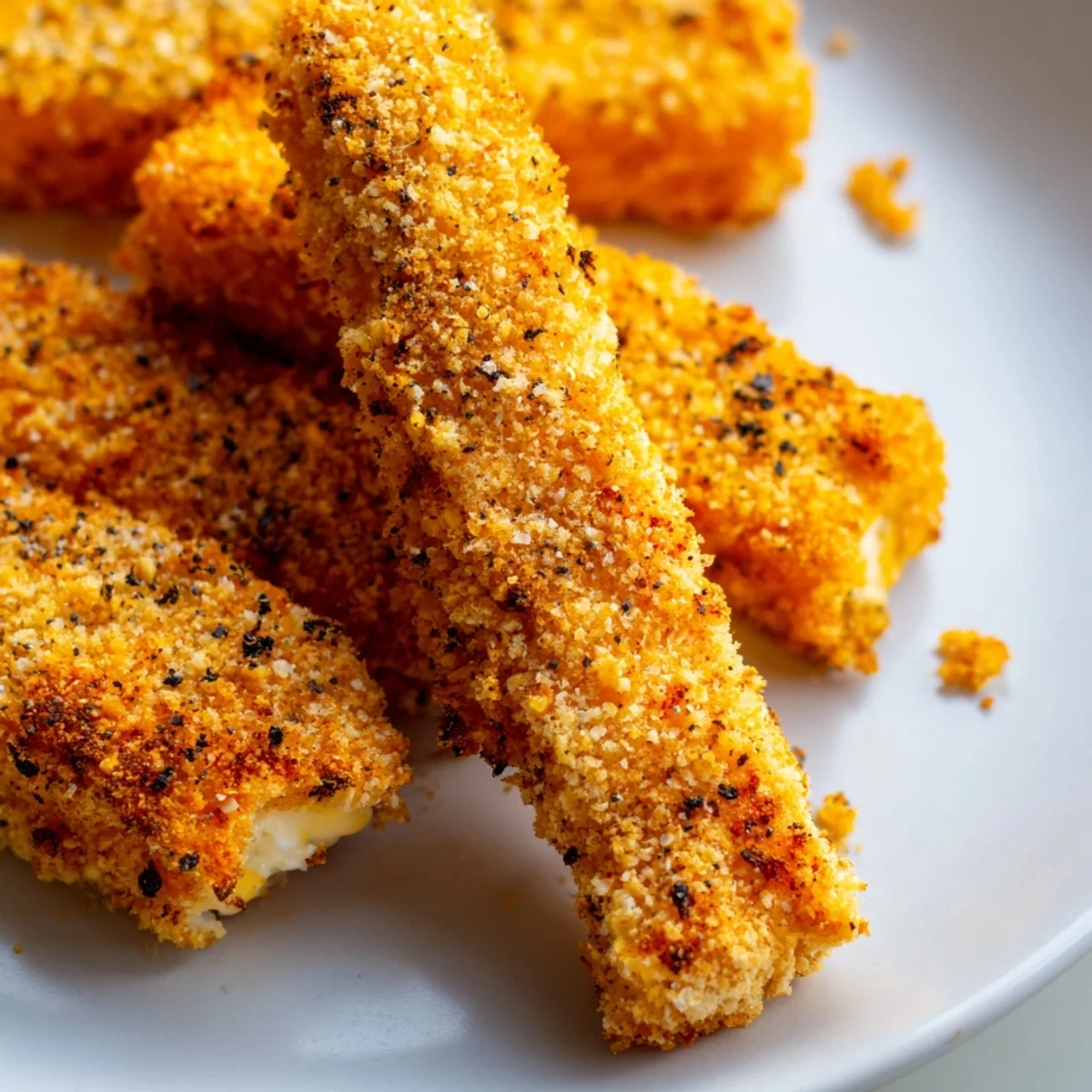 Golden-brown Crispy Panko Halloumi batons, freshly fried and steaming, garnished with lemon wedges and a small dish of red hot sauce.