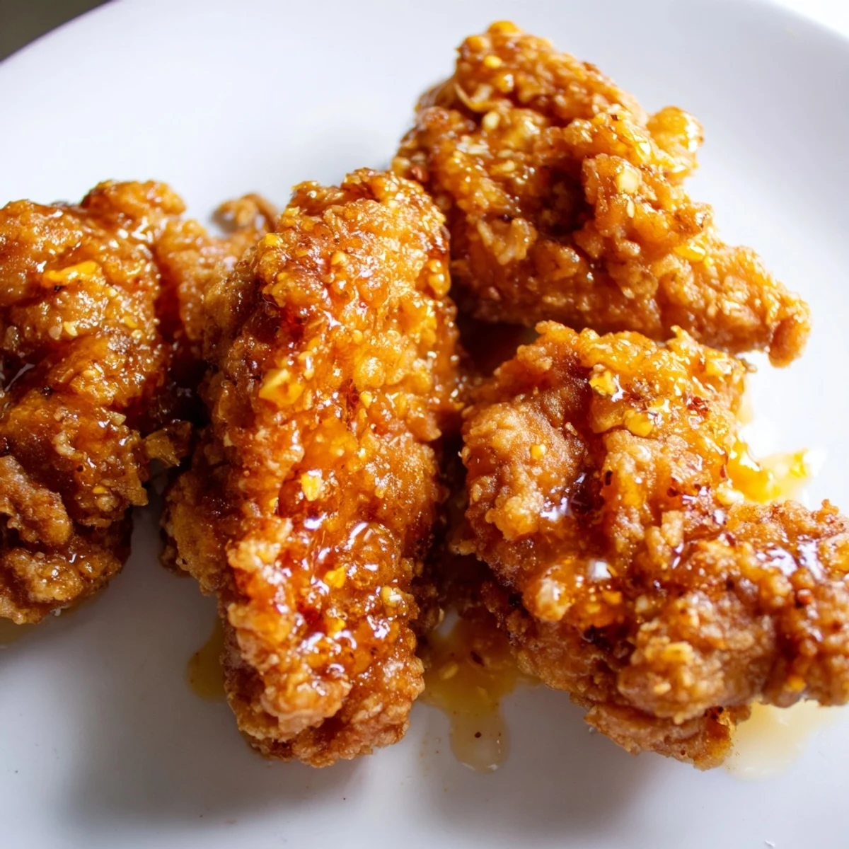 Crispy golden fried chicken thighs glistening with a glossy hot honey butter sauce for a perfect sweet heat pairing.