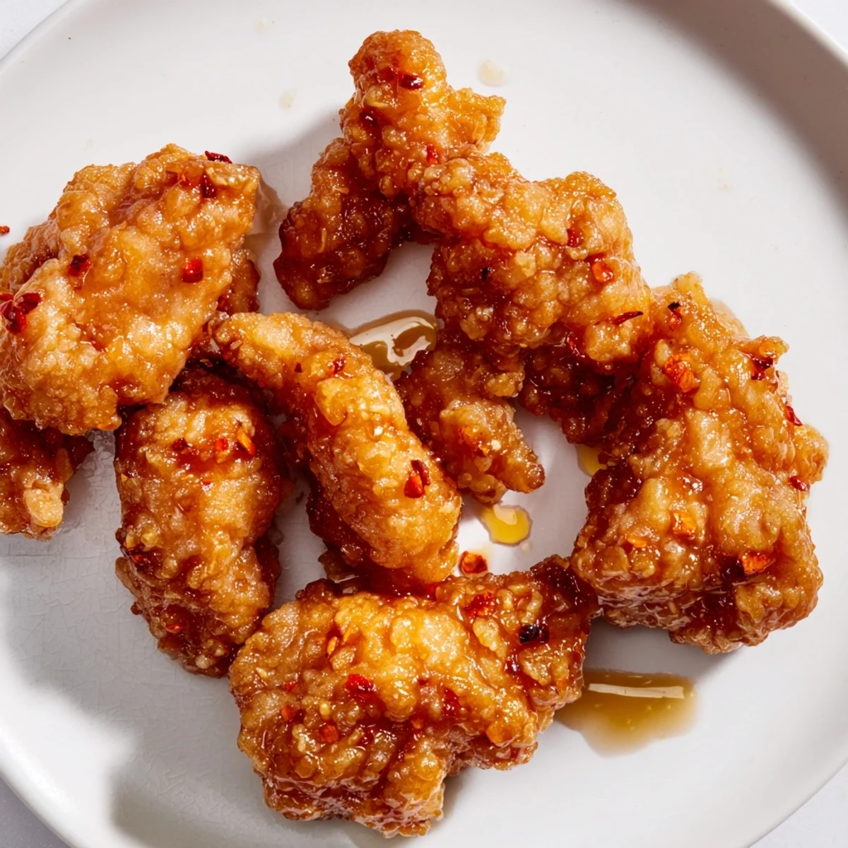 Tender fried chicken tossed in a warm, spicy honey butter glaze, ready to serve on a dinner plate.