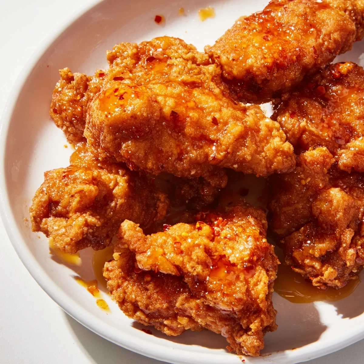 Savory buttermilk fried chicken drizzled with spicy honey butter, served alongside crisp pickles and creamy coleslaw.