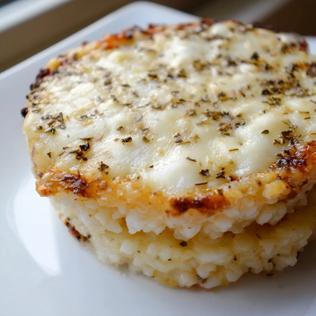 Savory Crispy Rice Cake Cheese Stacks with golden, bubbly cheese, baked until crisp and ready to enjoy with a dipping sauce.