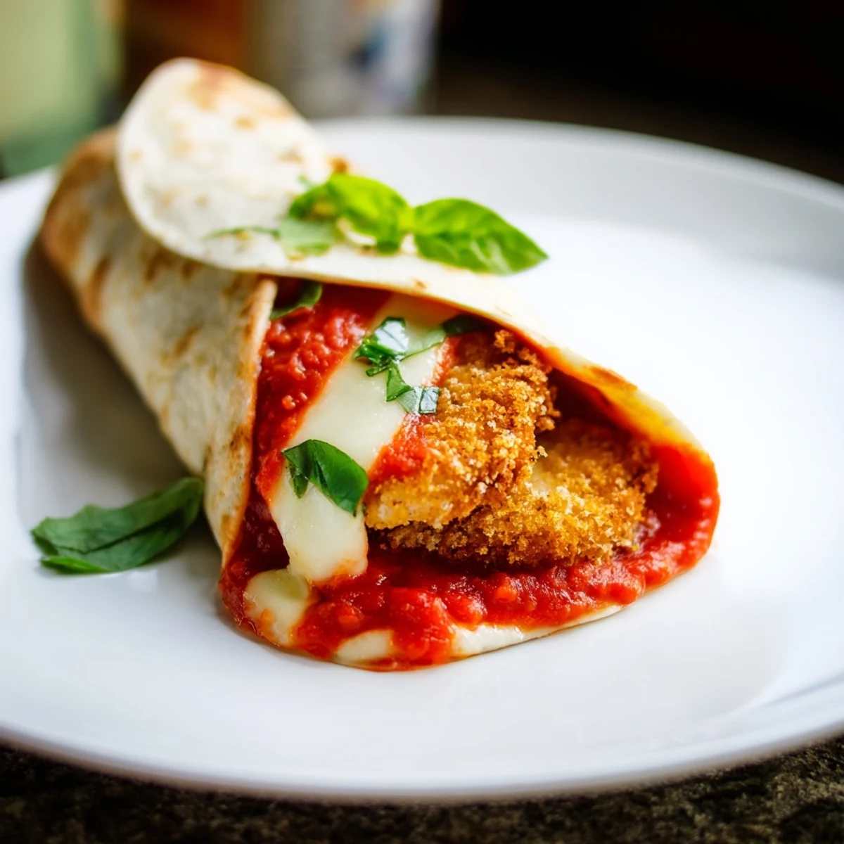 A handheld Italian-American Crispy Chicken Parm Wrap with fresh basil and extra marinara sauce for dipping, perfect for lunch or dinner.