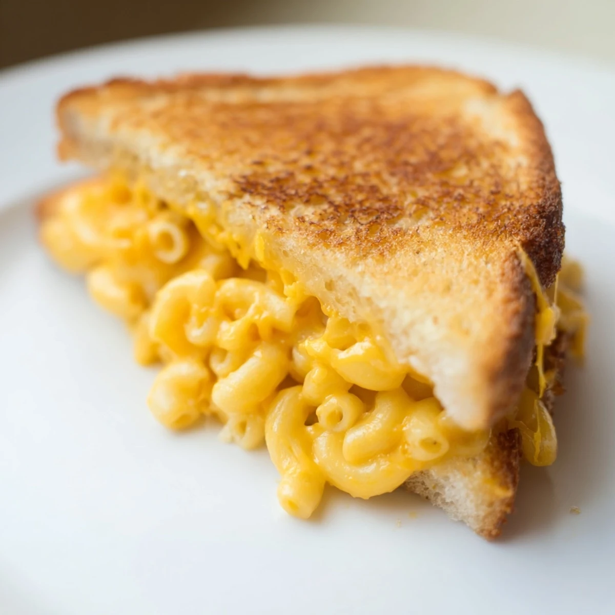 Creamy mac and cheese grilled cheese sandwich on sourdough, golden-brown and buttery, served hot and melted.