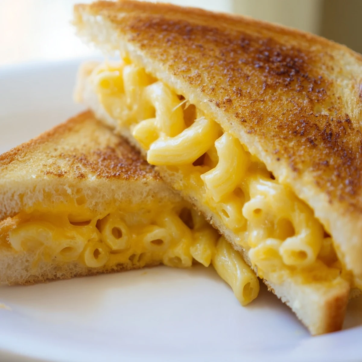 A golden-brown mac and cheese grilled cheese, oozing melted cheese and perfect for pairing with tomato soup.