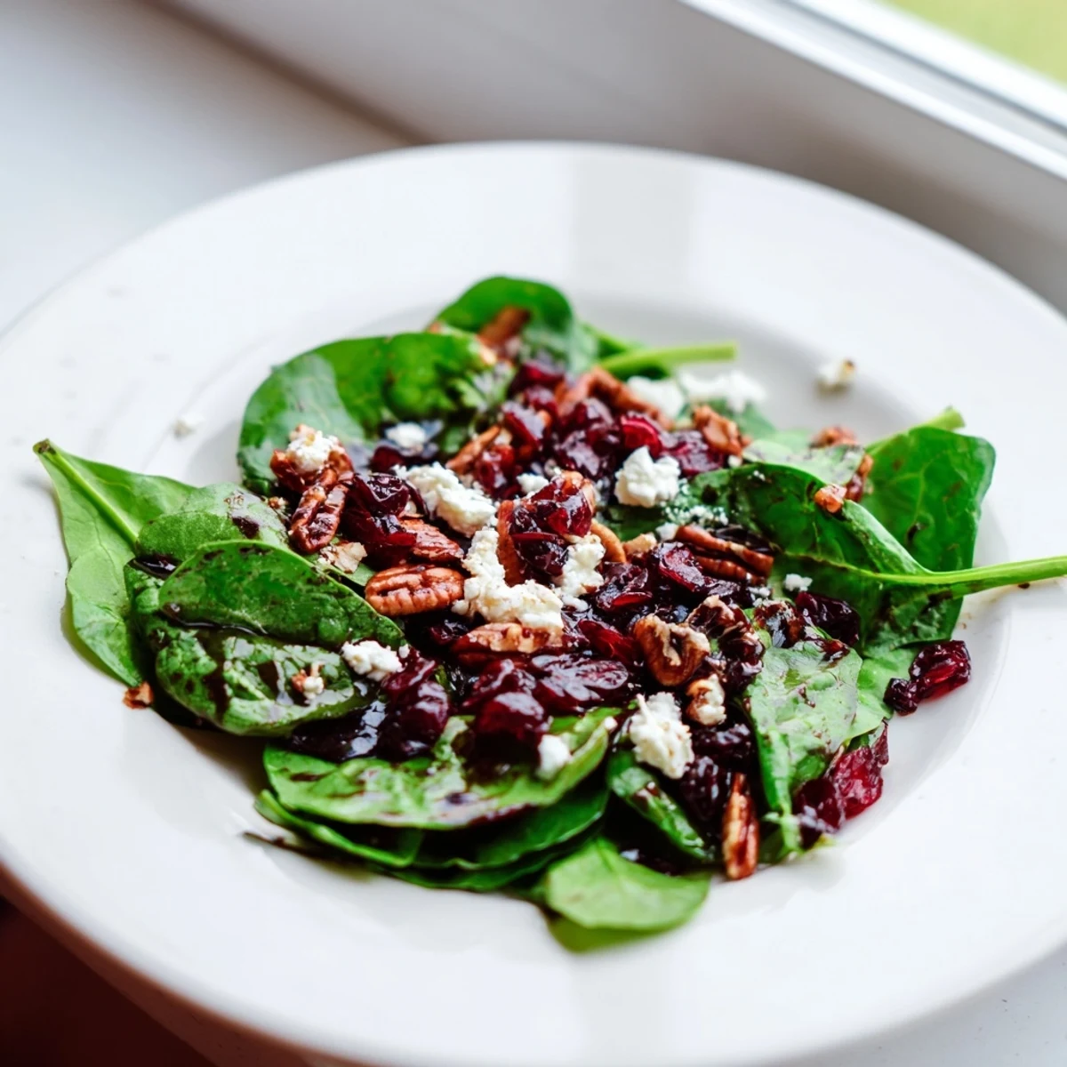 Fresh baby spinach, creamy goat cheese, cranberries and candied pecans tossed in tangy balsamic vinaigrette, in a white ceramic salad bowl.
