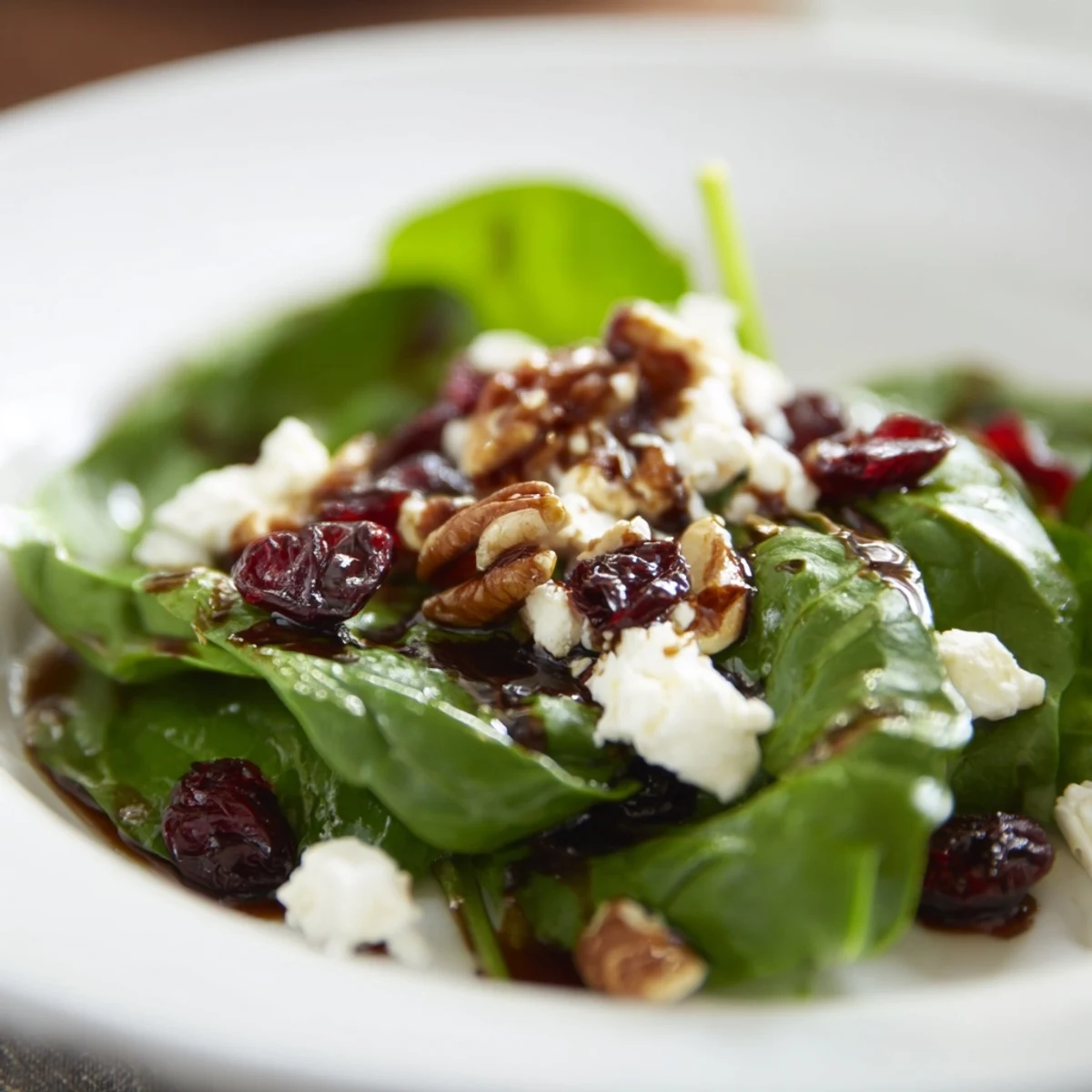 Spinach Goat Cheese Salad served on a rustic wooden table with extra candied pecans and dried cranberries, perfect for a light lunch.