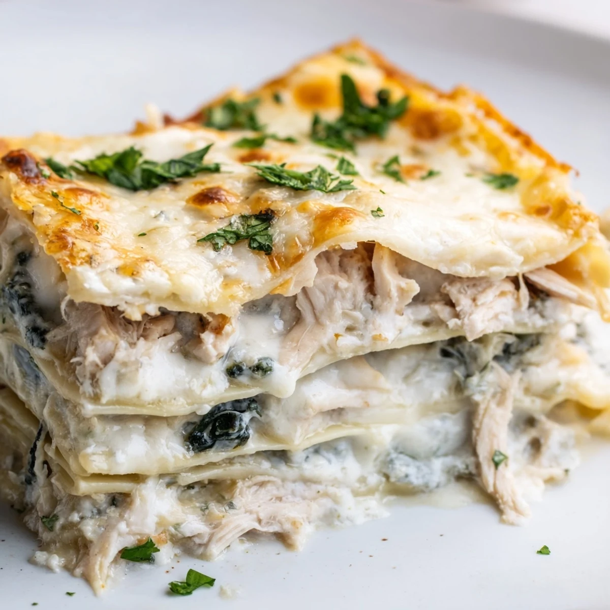 Golden-brown Chicken Alfredo Lasagna bubbling in a 9x13-inch dish, revealing creamy layers of tender chicken and spinach.