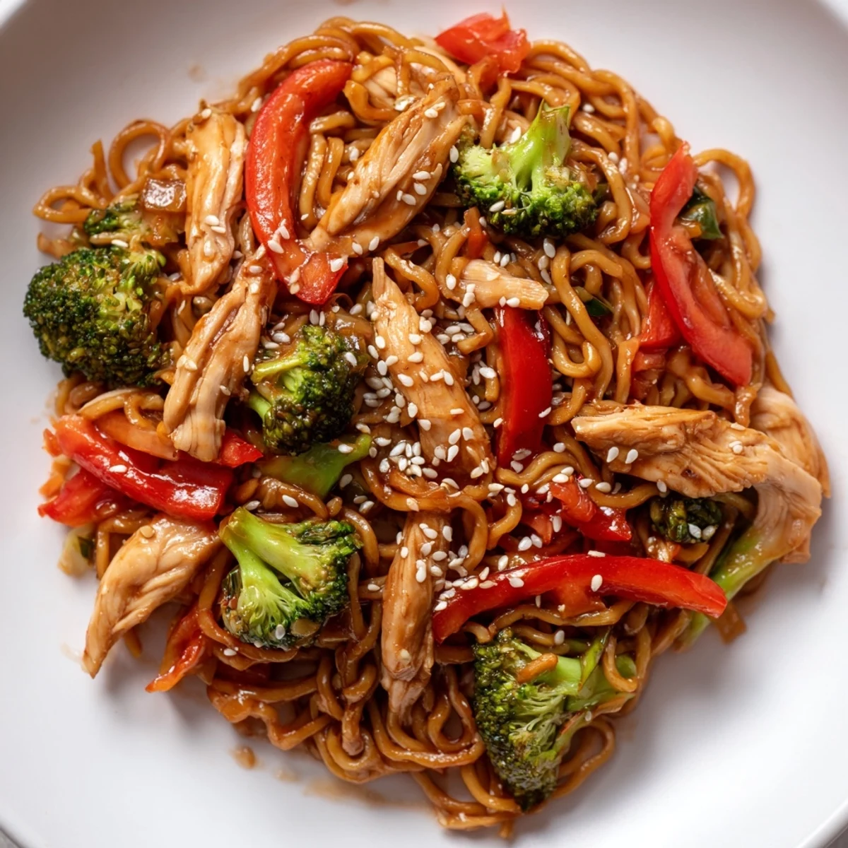 Steaming bowls of Spicy Ramen Stir-Fry feature tender chicken strips, crisp bell peppers, and broccoli tossed in a glossy, fiery red sauce.  
