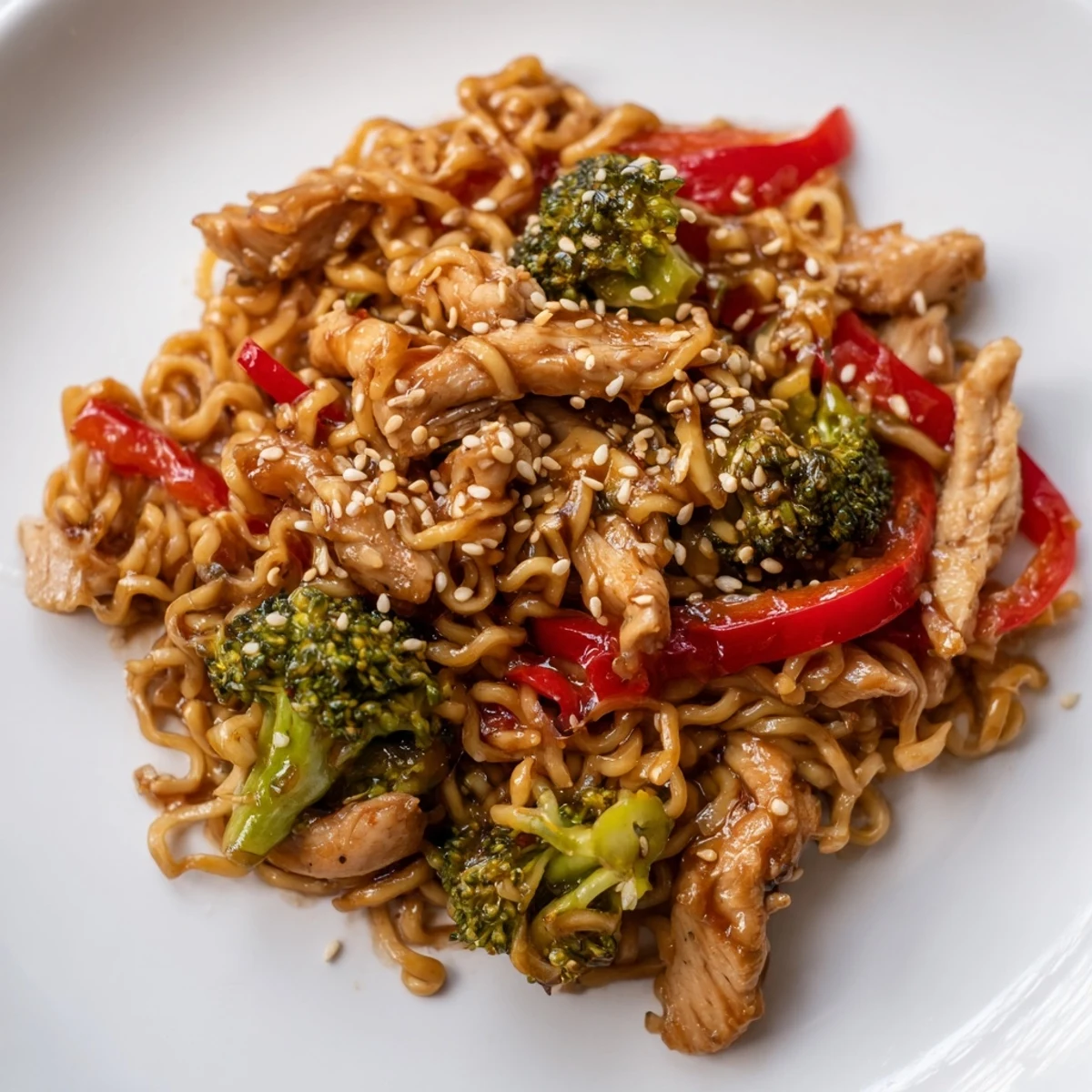 A close-up view of Spicy Ramen Stir-Fry highlights julienned carrots and green onions garnished with toasted sesame seeds on a ceramic plate.  