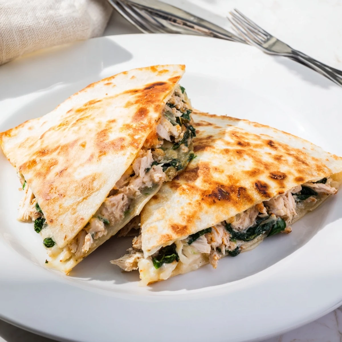 Close-up view of a sliced Chicken and Spinach Quesadilla, revealing a colorful filling of shredded chicken, fresh spinach, and gooey cheese beside a dollop of sour cream.