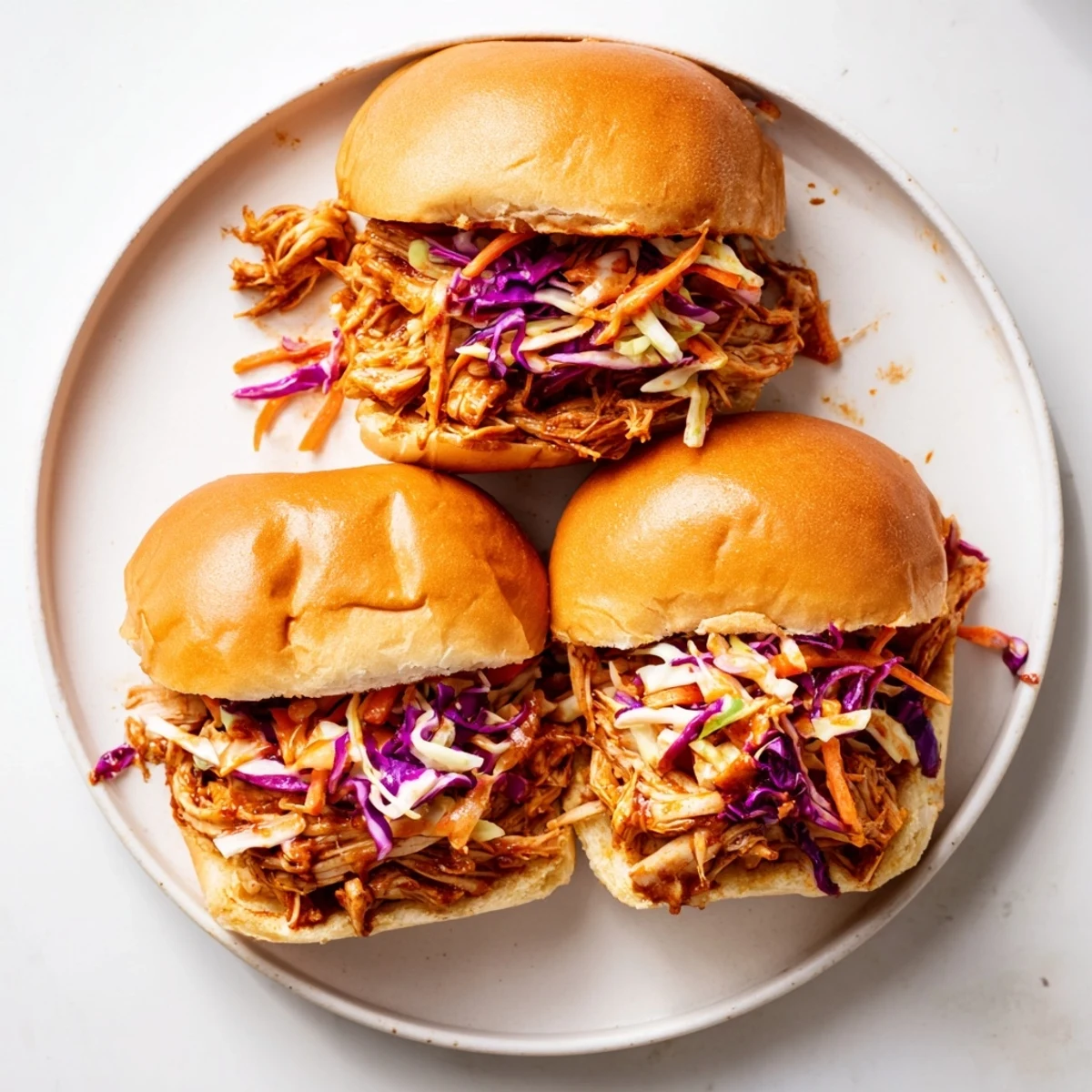 Golden toasted mini buns are stuffed with saucy, tender BBQ chicken and a crisp, creamy coleslaw.  