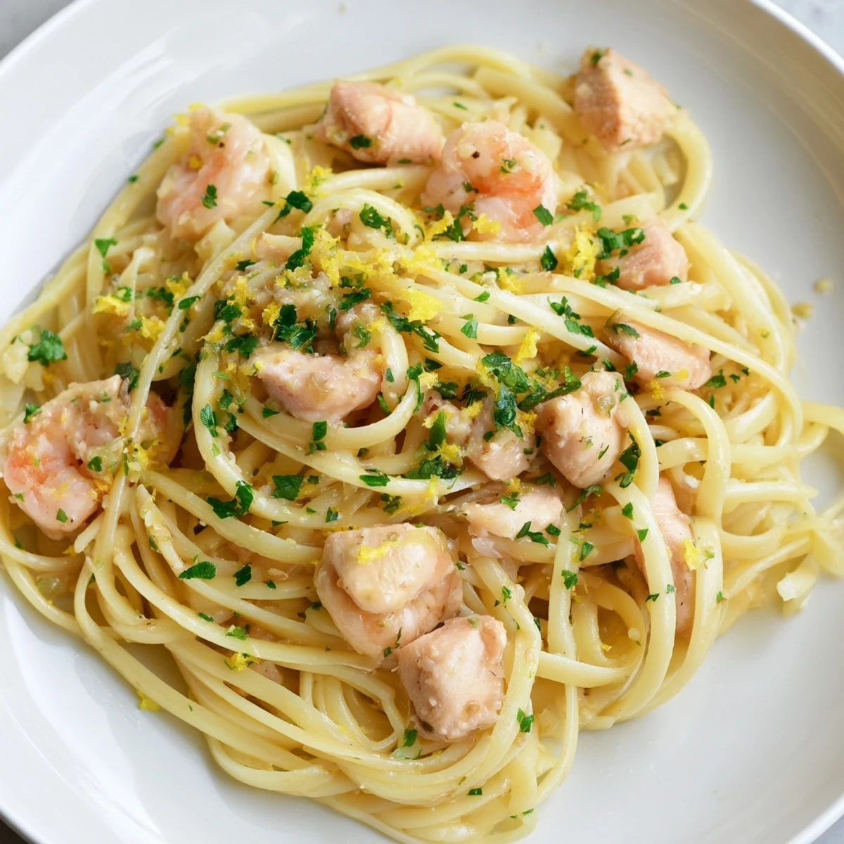 Steaming Lemon Garlic Shrimp & Chicken Pasta with linguine, fresh parsley garnish, and lemon wedges.  