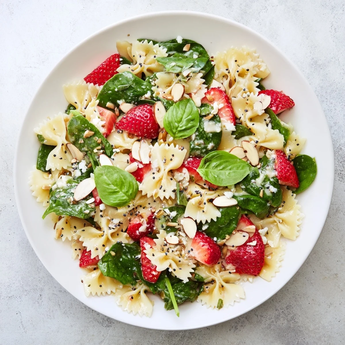 Bright green baby spinach and sweet sliced strawberries tossed with farfalle pasta, topped with crumbled feta for a refreshing Spring Spinach Strawberry Pasta Salad.