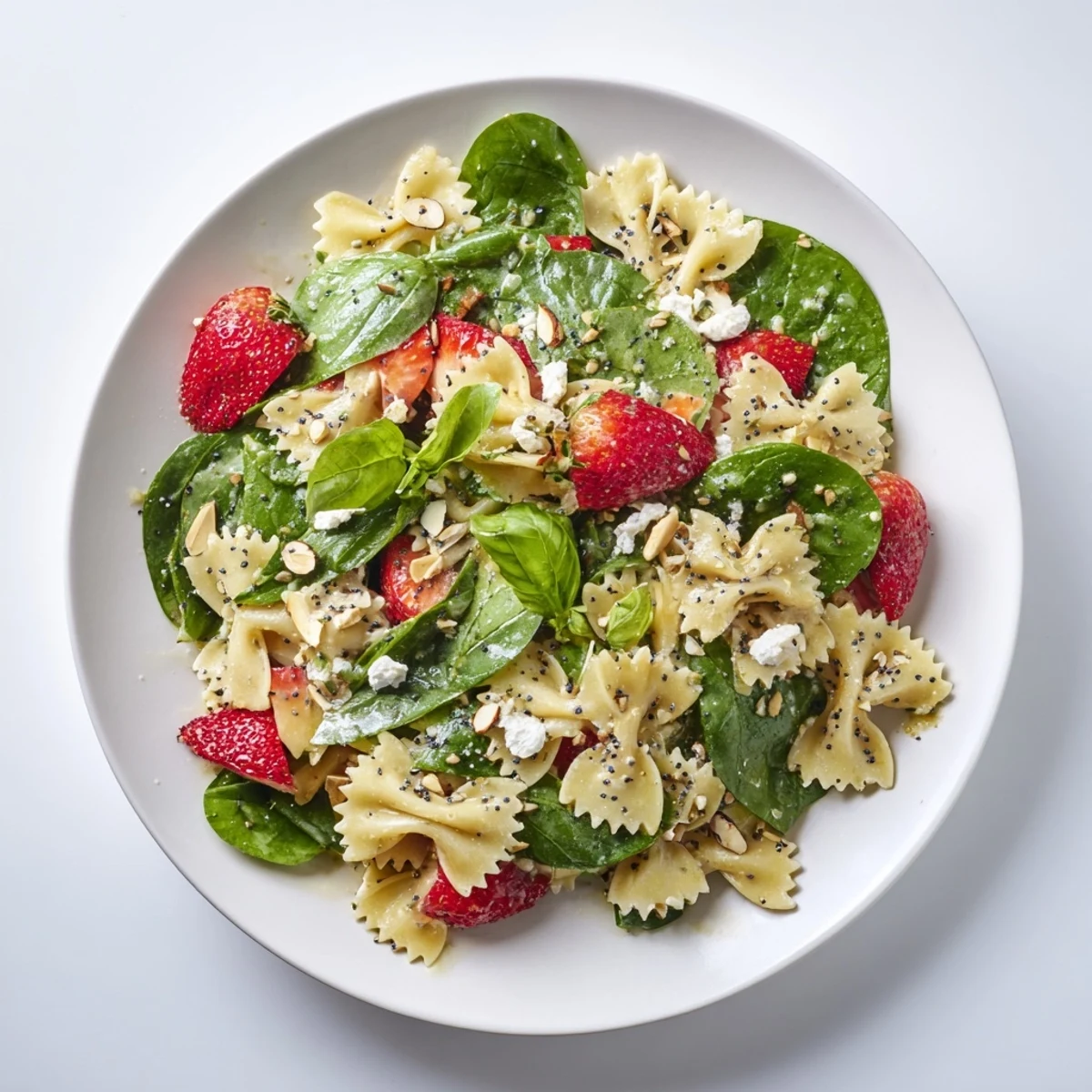 A close-up of Spring Spinach Strawberry Pasta Salad featuring toasted almonds, fresh basil, and a drizzled poppy seed dressing over tender bow-tie pasta.