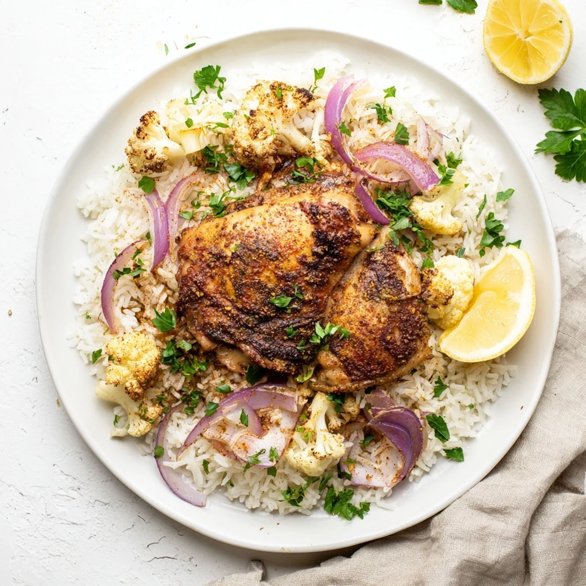 Golden brown roasted cauliflower chicken sheet pan with fluffy rice, parsley, and lemon wedges.
