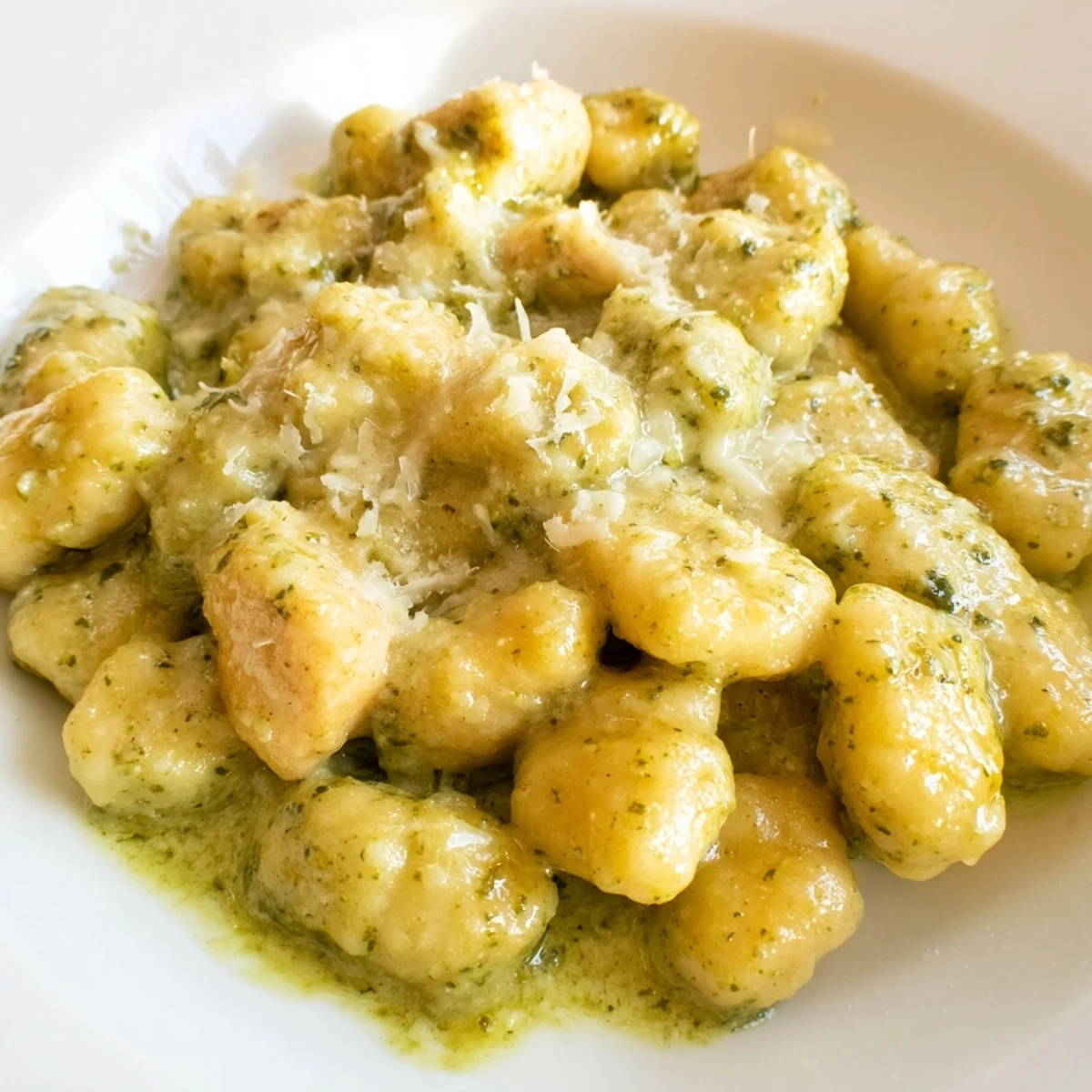 Forkful of creamy pesto gnocchi with juicy chicken, garnished with fresh basil and grated Parmesan for an easy weeknight main dish.  